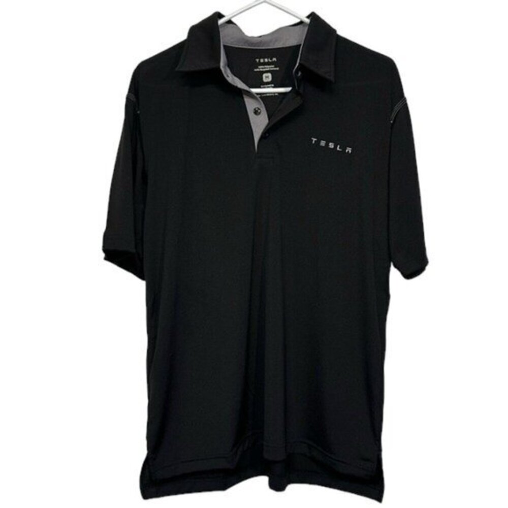 Men's Tesla Performance Black White Pullover Logo Polo Shirt Size Med EUC #2423
